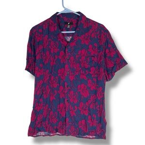 Amp Shirt Mens M Medium Short Sleeve Rayon Button Shirt Floral Red Blue